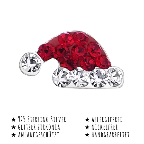 Das Bild mit Beschreibung zeigt Kinder Ohrringe Weihnachtsmtze Ohrstecker aus 925 Sterling Silver echt Silber mit 28 Kristallen