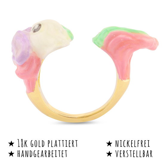 Das Bild mit Beschreibung zeigt Damen Ringe mit Pferd aus Messing Gold plattiert mit Emaille handbemalt