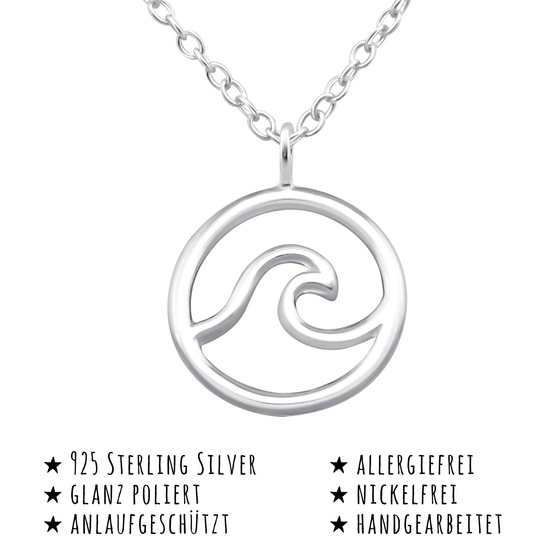 Das Bild mit Beschreibung zeigt eine Damen Kette mit Surfer Welle Anhnger aus 925 Sterling Silver echt Silber mit 45cm lnge