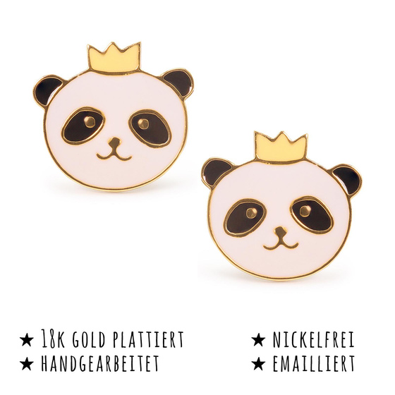 Das Bild mit Beschreibung zeigt Damen Ohrringe Panda Krone Kopf Ohrstecker aus Messing Gold plattiert handbemalt