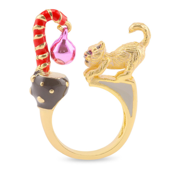 Auf dem Bild zu sehen sind Damen Ringe mit Katze Glocke aus Messing Gold plattiert mit Emaille handbemalt