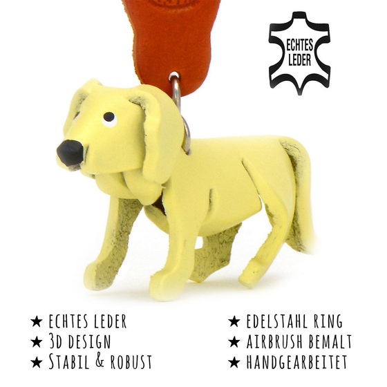 Das Bild mit Beschreibung zeigt ein Golden Retriever Hund aus Leder