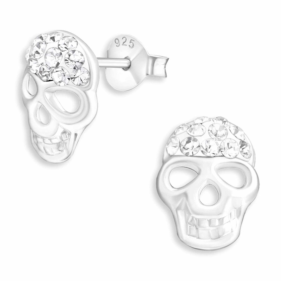 Auf dem Bild zu sehen sind Kinder Ohrringe Totenkopf Ohrstecker aus 925 Sterling Silver echt Silber mit 22 Kristallen