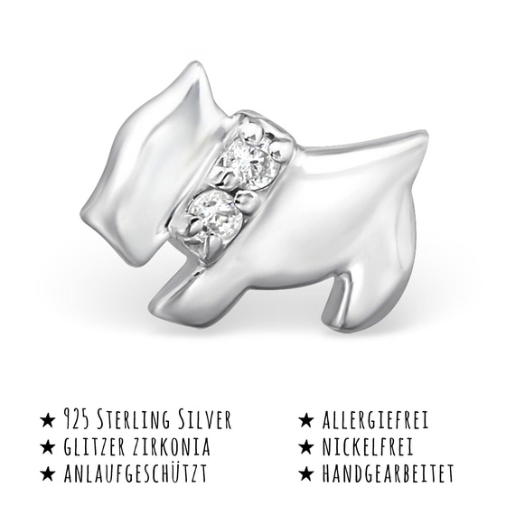 Das Bild mit Beschreibung zeigt Kinder Ohrringe Hund Ohrstecker aus 925 Sterling Silver echt Silber mit 4 Kristallen