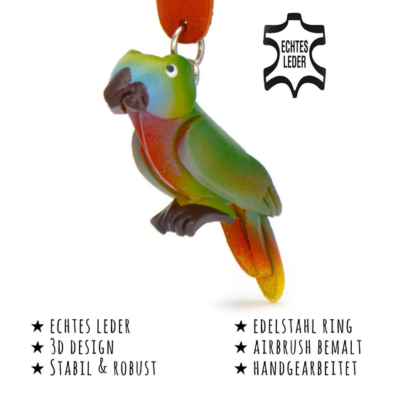 Das Bild mit Beschreibung zeigt ein Papagei aus Leder