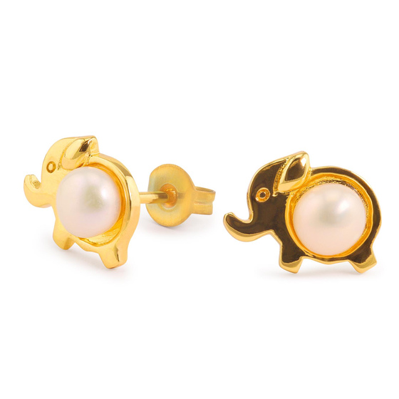 Auf dem Bild zu sehen sind Damen Ohrringe Elefant Ohrstecker aus Messing Gold plattiert handbemalt mit Perle