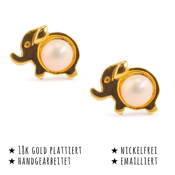 Das Bild mit Beschreibung zeigt Damen Ohrringe Elefant Ohrstecker aus Messing Gold plattiert handbemalt mit Perle