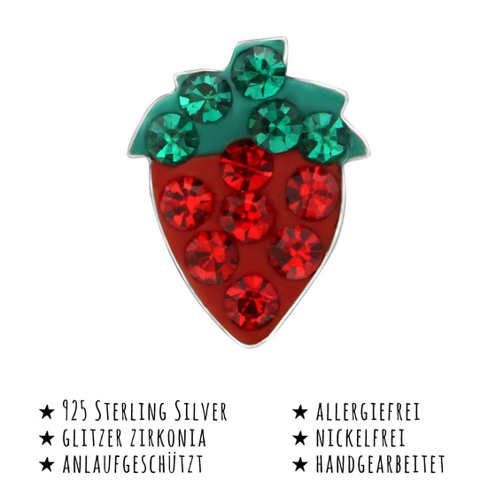 Das Bild mit Beschreibung zeigt Kinder Ohrringe Erdbeere Ohrstecker aus 925 Sterling Silver echt Silber mit 24 Kristallen
