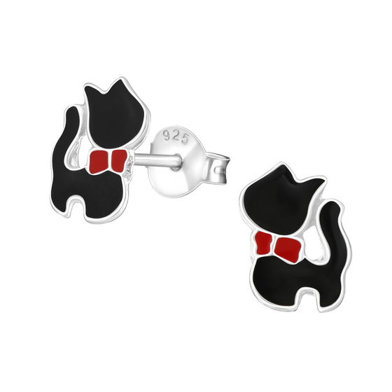Auf dem Bild zu sehen sind Kinder Ohrringe schwarze Katze Ohrstecker aus 925 Sterling Silver echt Silber mit Schleife