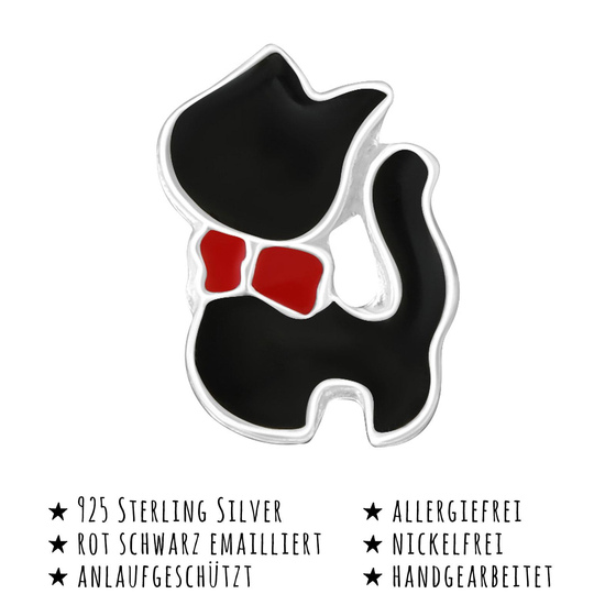 Das Bild mit Beschreibung zeigt Kinder Ohrringe schwarze Katze Ohrstecker aus 925 Sterling Silver echt Silber mit Schleife