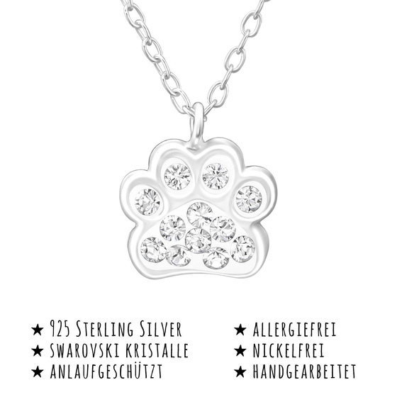 Das Bild mit Beschreibung zeigt eine Kinder Halskette Pfote Anhnger aus 925 Sterling Silver echt Silberr mit 12 Weissen Swarovski Kristallen 39cm lnge