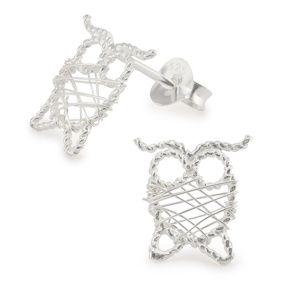 Auf dem Bild zu sehen sind Damen Ohrringe Eule Ohrstecker aus 925 Sterling Silver echt Silber mit Drahtgeflecht
