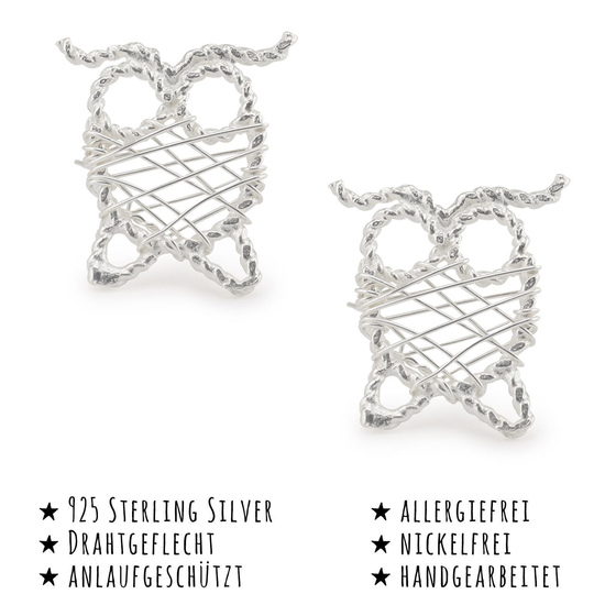 Das Bild mit Beschreibung zeigt Damen Ohrringe Eule Ohrstecker aus 925 Sterling Silver echt Silber mit Drahtgeflecht
