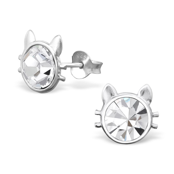 Auf dem Bild zu sehen sind Kinder Ohrringe se Katze Kopf Ohrstecker aus 925 Sterling Silver echt Silber mit 2 Kristallen