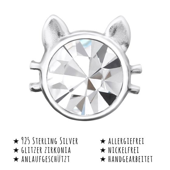Das Bild mit Beschreibung zeigt Kinder Ohrringe se Katze Kopf Ohrstecker aus 925 Sterling Silver echt Silber mit 2 Kristallen