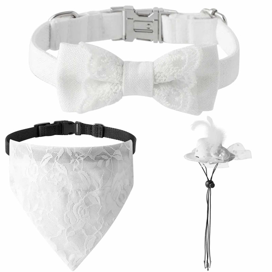 Hundehalsband Hochzeit Set mit Schleife, Halstuch und Hut