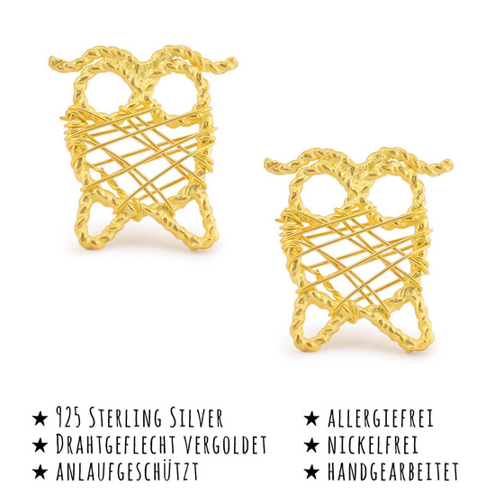 Das Bild mit Beschreibung zeigt Damen Ohrringe Eule Ohrstecker aus 925 Sterling Silver echt Silber mit Drahtgeflecht 18K Gold plattiert