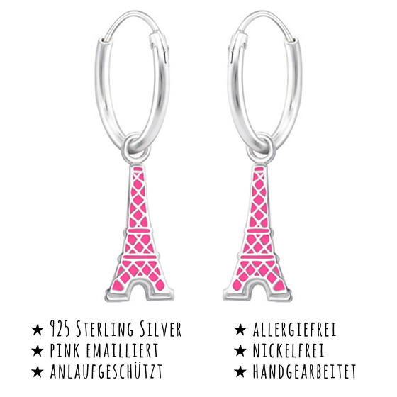 Das Bild mit Beschreibung zeigt Kinder Ohrringe Eiffelturm Creolen aus 925 Sterling Silver echt Silber mit Emaille