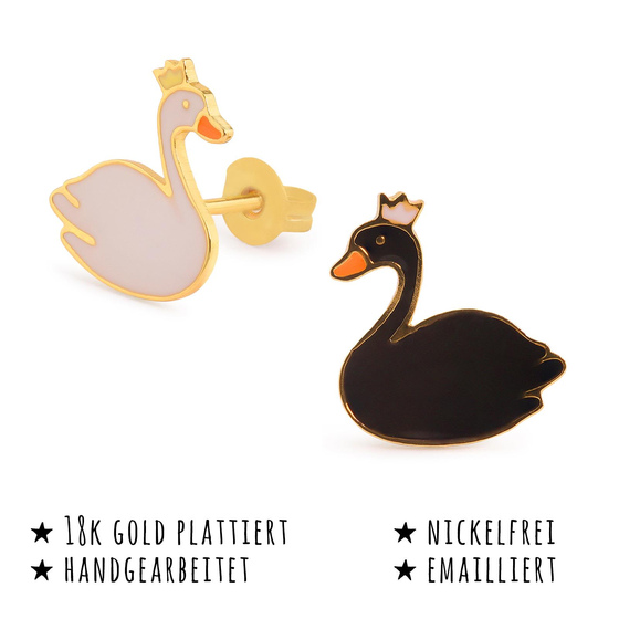Das Bild mit Beschreibung zeigt Damen Ohrringe Schwan Ohrstecker aus Messing Gold plattiert handbemalt