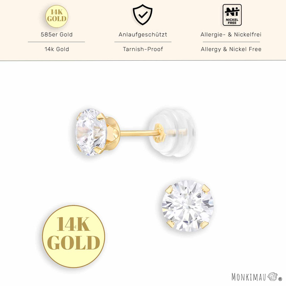 Elegante 14K Gold Ohrstecker mit Zirkonia | 5mm Runde Ohrstecker fr Damen