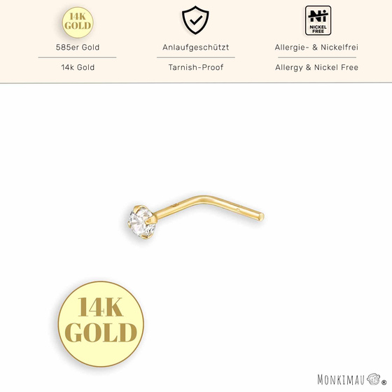 Eleganter 14K Gold Nasenstecker mit 2mm Zirkonia | Hochwertiger Nasenschmuck f�r Damen