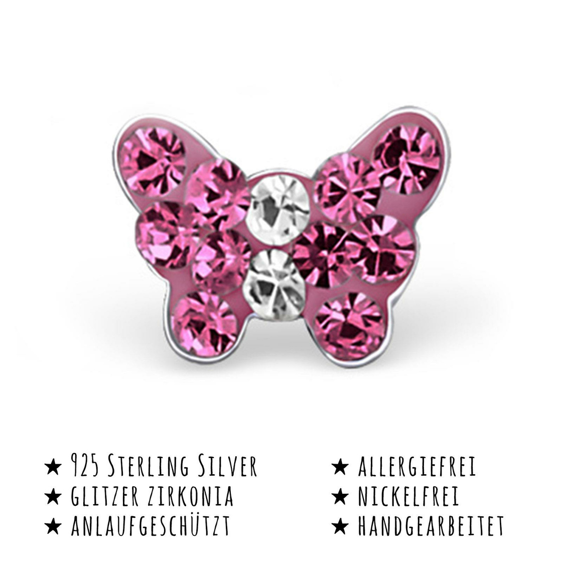 Ohrringe für Kinder 8mm Ohrstecker Silber Zirkonia Schmetterling rosa SDO094A 