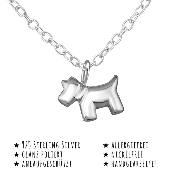 Das Bild mit Beschreibung zeigt eine Kinder Halskette Hund Anhnger aus 925 Sterling Silver echt Silber mit 45cm lnge