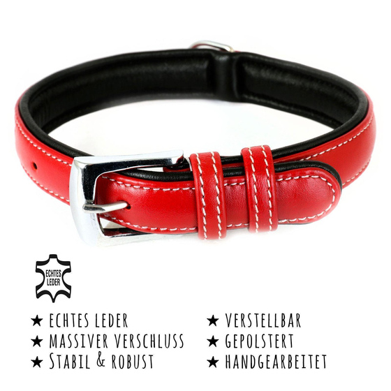Das Bild mit Beschreibung zeigt ein Halsband fr Hunde aus echt Leder gepolstert verstellbar in der Farbe rot