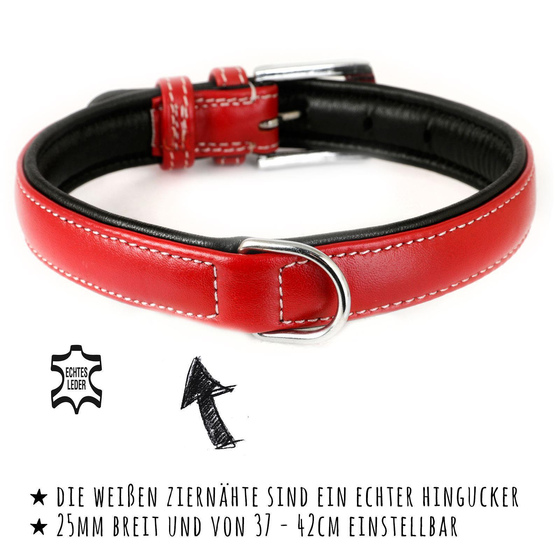 Hundehalsband aus Leder rot gepolstert S-M