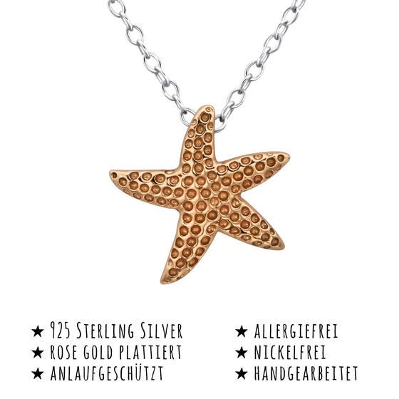 Das Bild mit Beschreibung zeigt eine Damen Kette mit Seestern Anhnger aus 925 Sterling Silver echt Silber rose Gold plattiert mit 45cm lnge