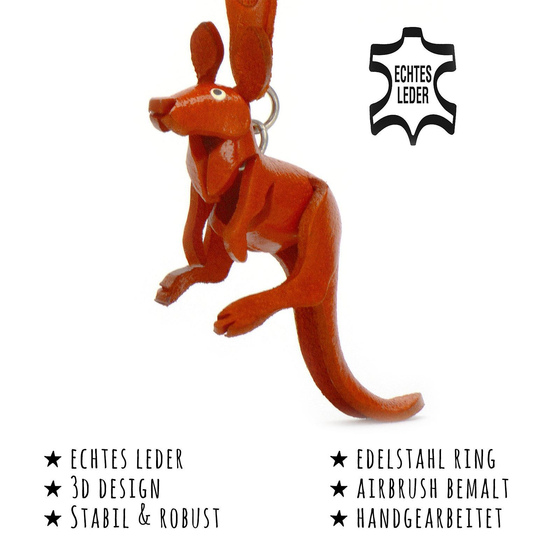 Das Bild mit Beschreibung zeigt ein handgearbeitetes Knguru aus Leder