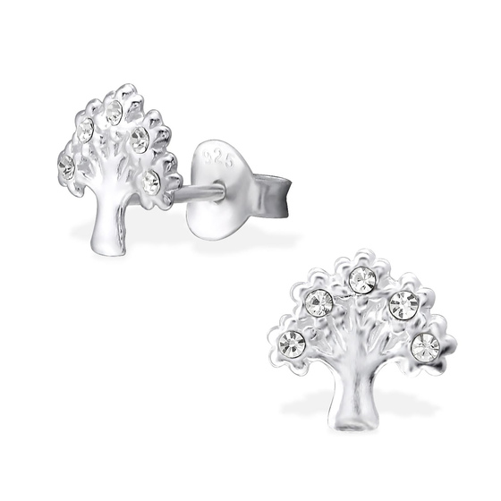 Auf dem Bild zu sehen sind Kinder Ohrringe Lebensbaum Ohrstecker aus 925 Sterling Silver echt Silber mit 10 Kristallen
