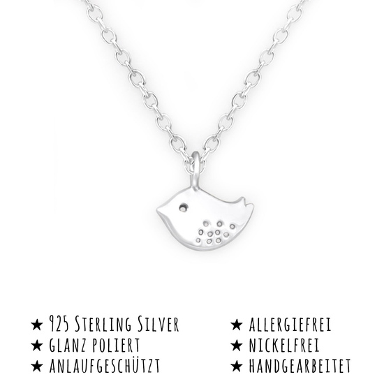Das Bild mit Beschreibung zeigt eine Kinder Halskette Vogel Anhnger aus 925 Sterling Silver echt Silber mit 45cm lnge