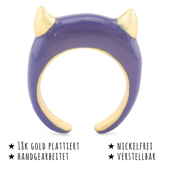 Das Bild mit Beschreibung zeigt Damen Ringe mit Teufel aus Messing Gold plattiert mit Emaille handbemalt