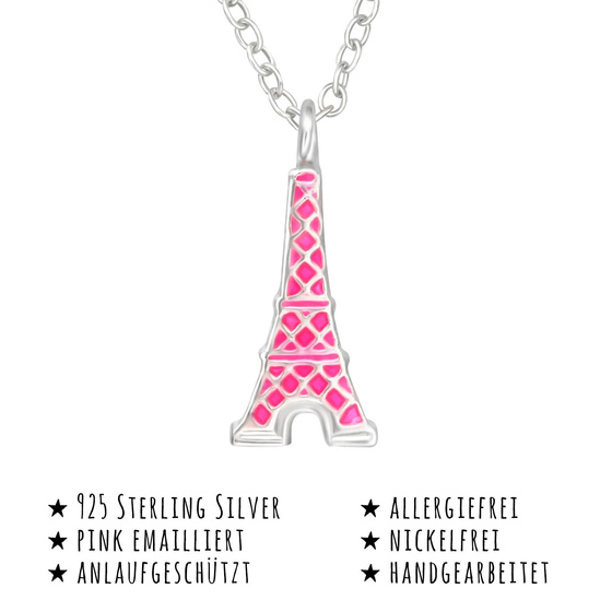 Das Bild mit Beschreibung zeigt eine Kinder Halskette Eiffelturm Anhnger aus 925 Sterling Silver echt Silber mit Emaille Pink 39cm lnge
