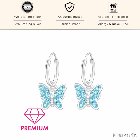 Kinder Creolen Schmetterling mit Kristall | Echtes 925 Sterling Silber