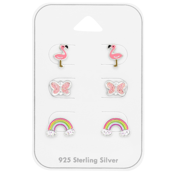 Flamingo, Schmetterling und Regenbogen Kinder Schmuckset 925 Silber