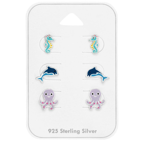 Delfin, Oktopus und Seepferdchen Schmuckset 925 Silber