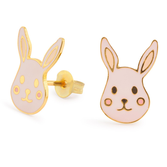 Auf dem Bild zu sehen sind Damen Ohrringe Hase Kopf Ohrstecker aus Messing Gold plattiert handbemalt