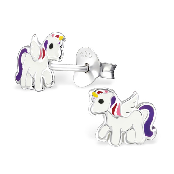 Auf dem Bild zu sehen sind Kinder Geschenk Ohrringe Einhorn Ohrstecker aus 925 Sterling Silver echt Silber mit Fl�gel