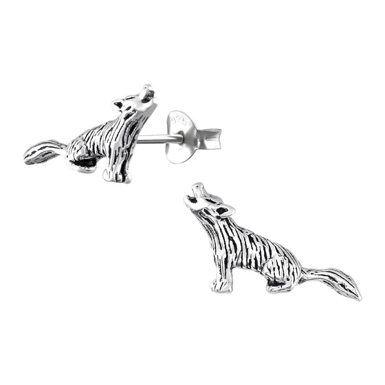 Auf dem Bild zu sehen sind Kinder Ohrringe Wolf Ohrstecker aus 925 Sterling Silver echt Silber mit Struktur oxidiert