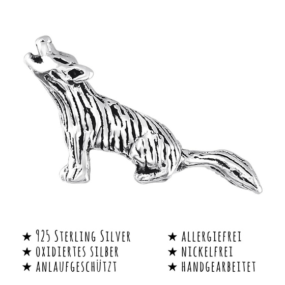 Das Bild mit Beschreibung zeigt Kinder Ohrringe Wolf Ohrstecker aus 925 Sterling Silver echt Silber mit Struktur oxidiert