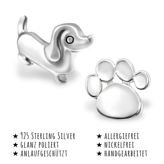 Das Bild mit Beschreibung zeigt Kinder Ohrringe Dackel mit Pfote Ohrstecker aus 925 Sterling Silver echt Silber