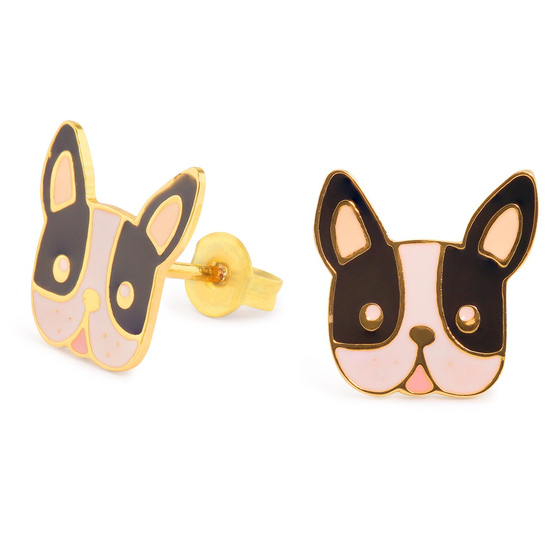 Auf dem Bild zu sehen sind Damen Ohrringe Bulldogge Hund Kopf Ohrstecker aus Messing Gold plattiert handbemalt
