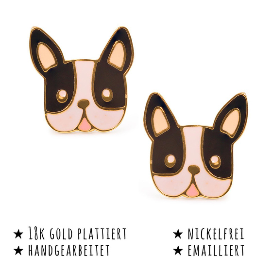 Das Bild mit Beschreibung zeigt Damen Ohrringe Bulldogge Hund Kopf Ohrstecker aus Messing Gold plattiert handbemalt