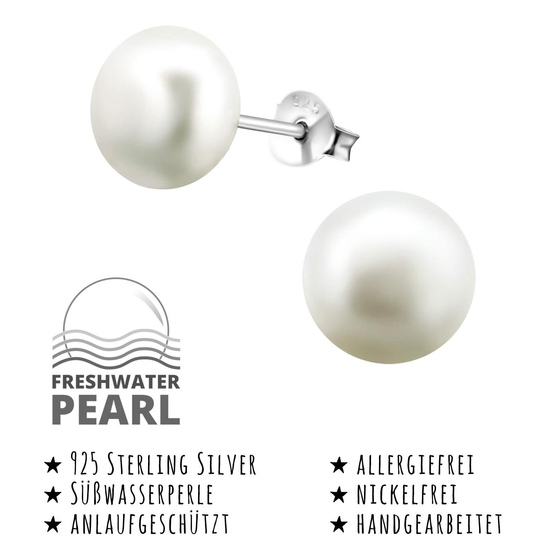 Das Bild mit Beschreibung zeigt Kinder Ohrringe Swasserperlen Ohrstecker aus 925 Sterling Silver echt Silber 9mm