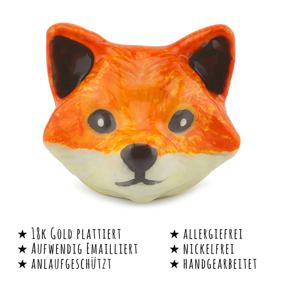 Das Bild mit Beschreibung zeigt Damen Ringe mit Fuchs aus Messing Gold plattiert mit Emaille handbemalt