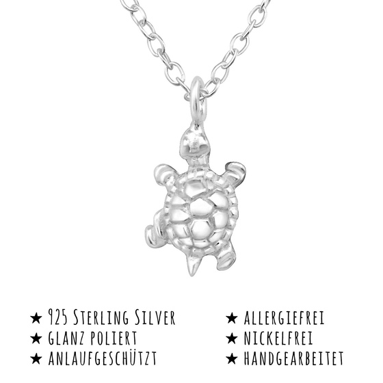 Das Bild mit Beschreibung zeigt eine Kinder Halskette Schildkrte Anhnger aus 925 Sterling Silver echt Silber mit 45cm lnge