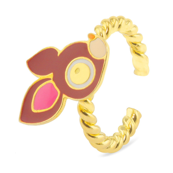 Auf dem Bild zu sehen ist ein Damen Ring mit Reh aus Messing Gold plattiert mit Emaille handbemalt