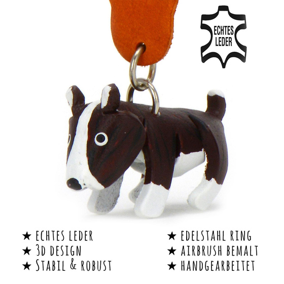 Das Bild mit Beschreibung zeigt ein Bullterrier Hund aus Leder